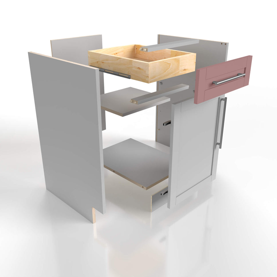 Graphic depicting the components of PKB Cabinetry cabinets highlighting the drawer face