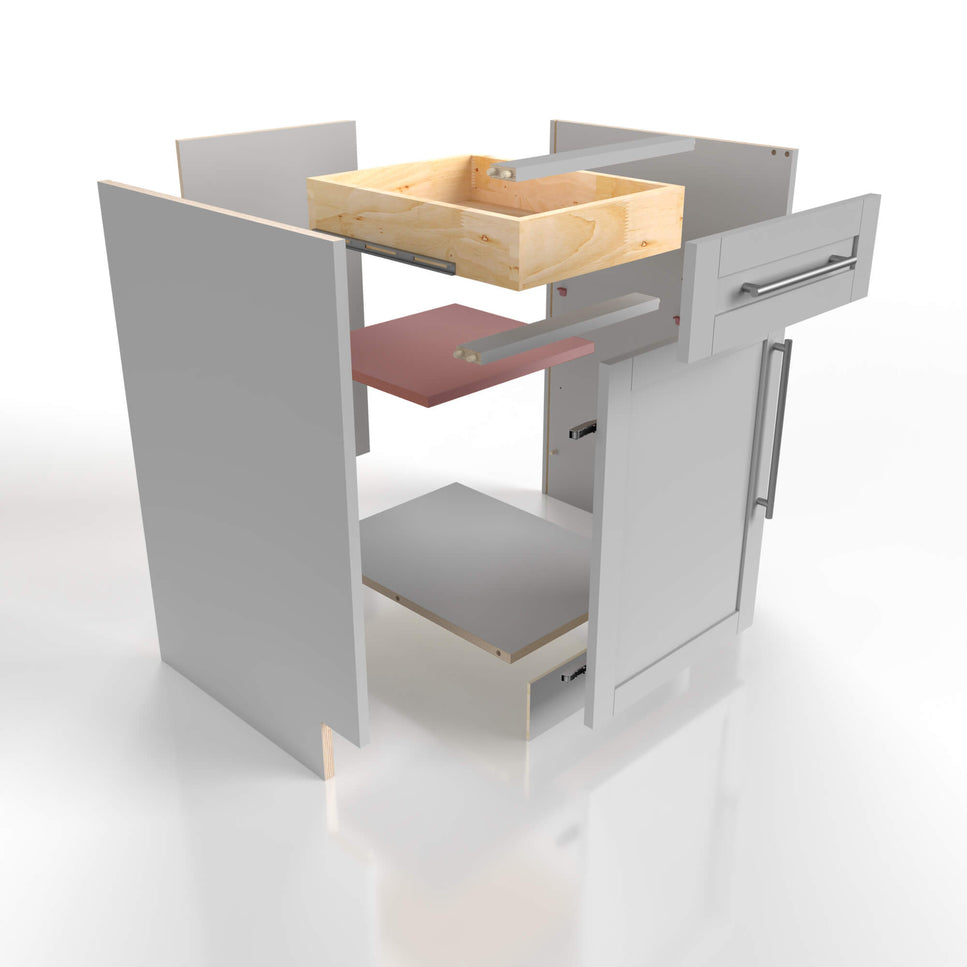 Graphic depicting the components of PKB Cabinetry cabinets highlighting the adjustable middle panel