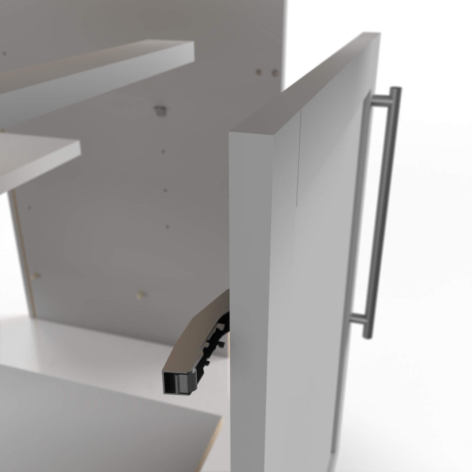Graphic depicting the various parts of our RTA cabinetry and showing a side angle of a cabinet door and hinge