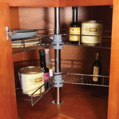 A Lazy Suzan metal insert installed in an RTA cabinet with kitchen items placed on it
