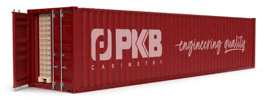 a red shipping container that says pkb cabinetry on it