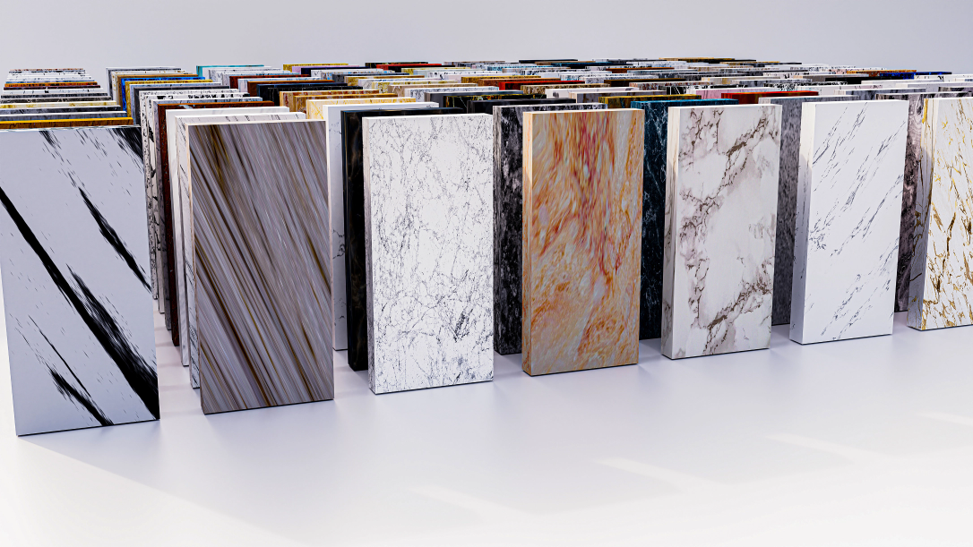 Slabs of kitchen & bathroom countertop samples stacked next to each other