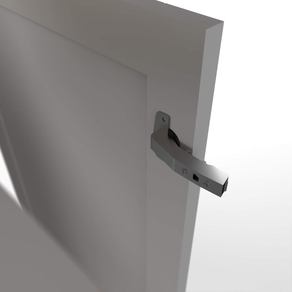 Graphic depicting the various parts of our RTA cabinetry and showing a close-up of a cabinet hinge