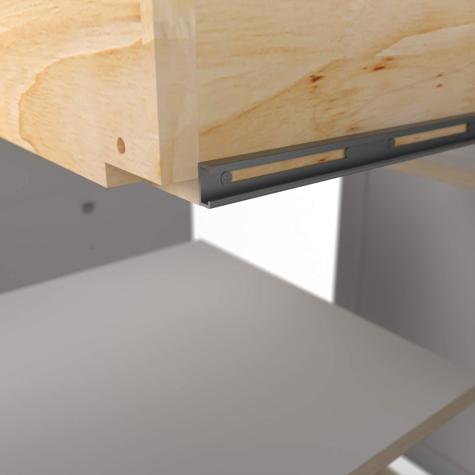 Graphic depicting the various parts of our RTA cabinetry and showing a close-up of a cabinet rail