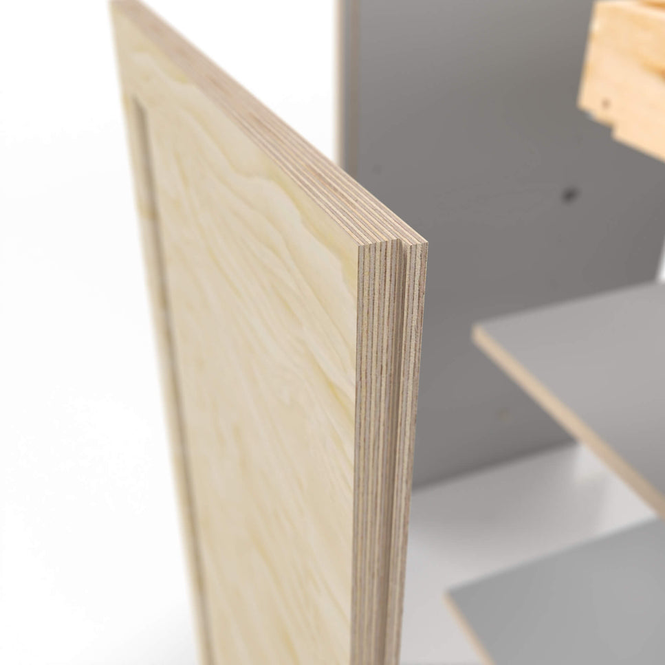 Graphic depicting the various parts of our RTA cabinetry and showing a close-up of a cabinet back panel