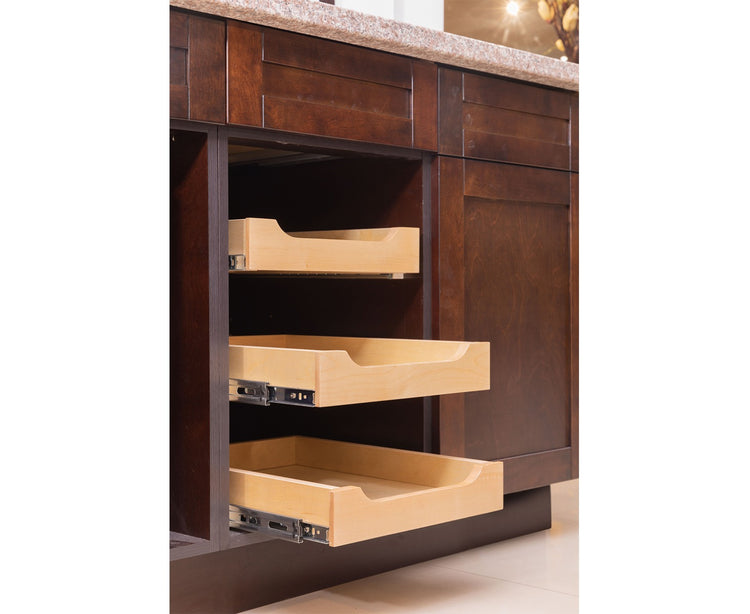 Rolling cabinetry inserts installed on a brown RTA shaker cabinet