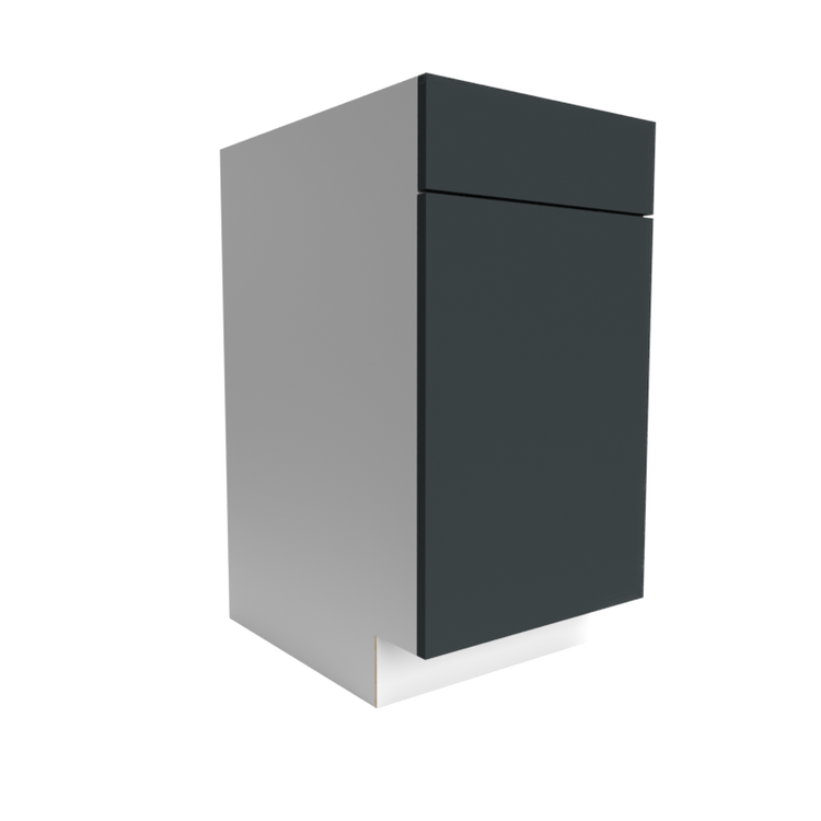 Side view of a RTA shaker cabinet with black doors and white side panels