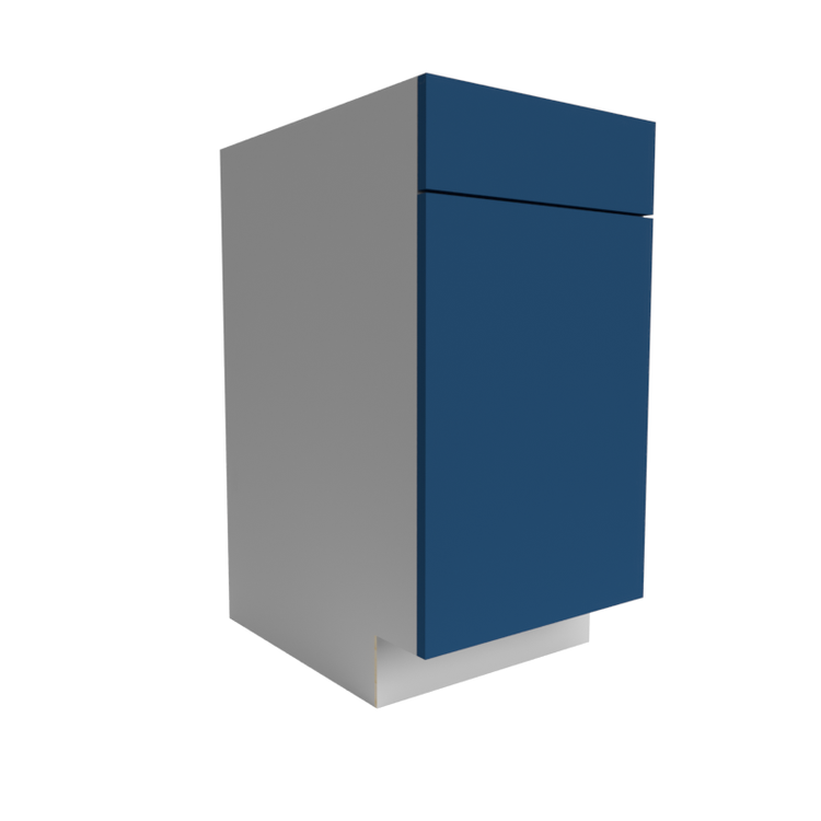 Side view of a RTA shaker cabinet with dark blue doors and grey side panels