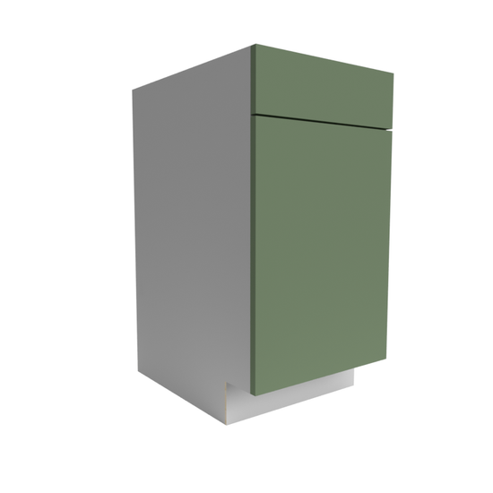 Side view of a RTA shaker cabinet with green doors and grey side panels