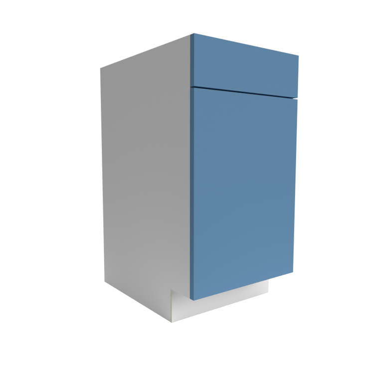 Side view of a RTA cabinet with light blue doors and grey side panels