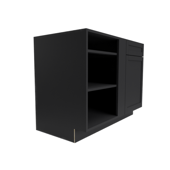An Espresso RTA Shaker Cabinet paired with a black shelving unit
