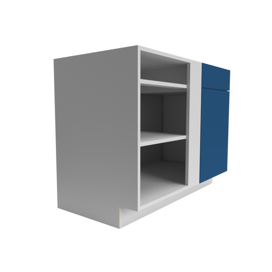 A Manhattan Cobalt Blue RTA cabinet paired with a white shelving unit