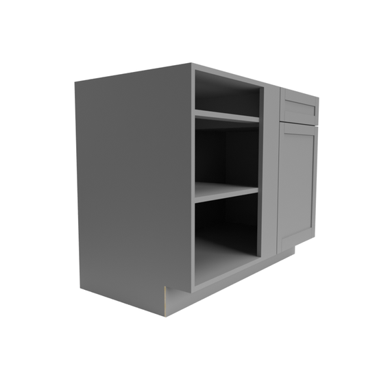 A Grey RTA Shaker Cabinet paired with a grey shelving unitv