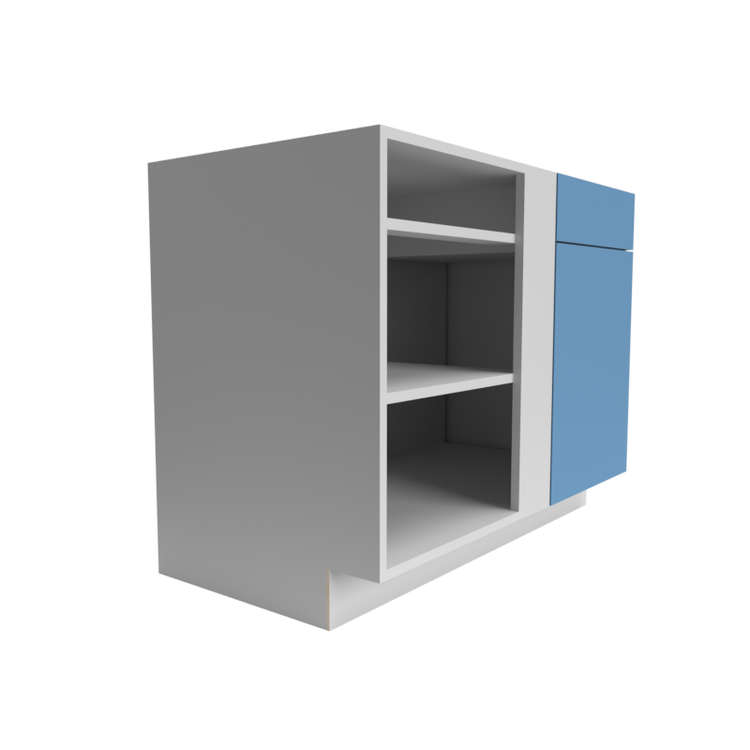 A Manhattan Sky Blue RTA cabinet paired with a white shelving unit