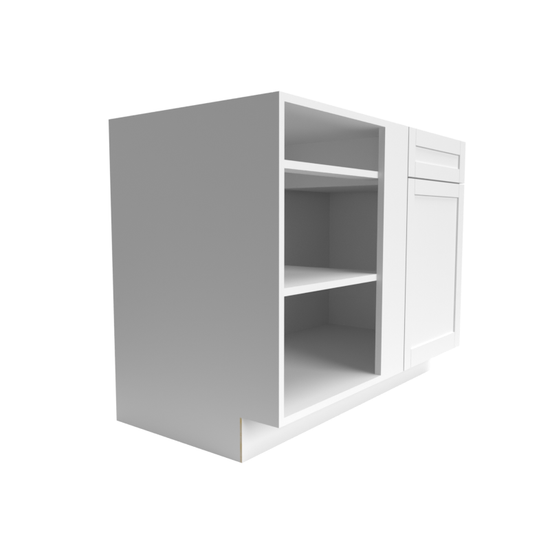 A White RTA Shaker Cabinet paired with a white shelving unit